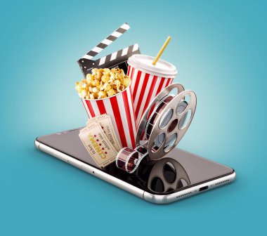 Smartphone Uygulama online satın alma ve sinema biletleri rezervasyon. Canlı film ve video izlemek. Patlamış mısır, sinema reel, tek kullanımlık Kupası, tokmağı ve smarthone bilet alışılmadık 3d çizimi