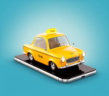 Taksi hizmeti çevrimiçi arama arama ve bir taksi rezervasyon için Smartphone uygulama. Taksi akıllı telefon üzerinde olağandışı 3d çizimi.