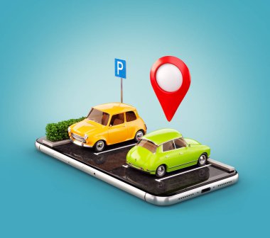 Olağandışı 3d çizim os smartphone uygulama online ücretsiz otopark yeri harita üzerinde arama için. Otopark ve araba kavramı paylaşımı