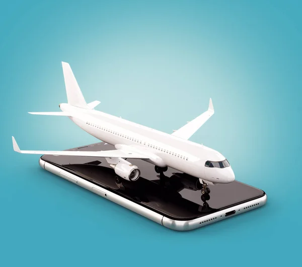 Okostelefon-alkalmazás online kereső, vásárlás és foglalás járatokat az interneten. Online check-in. szokatlan szúró telefon kereskedelmi repülőgép 3d illusztrációja — Stock Fotó