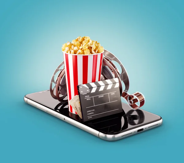 Smartphone application for online buying and booking cinema tickets. Live watching movies and video. Unusual 3D illustration of popcorn, cinema reel, disposable cup, clapper and tickets on smarthone — Stock Photo, Image