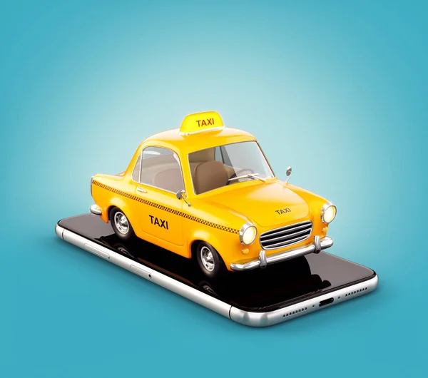 Applicazione Smartphone del servizio taxi per la ricerca online chiamata e prenotazione di un taxi. Illustrazione 3D insolita di taxi su smart phone . — Foto Stock