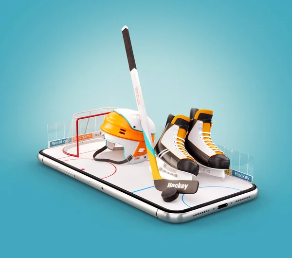 Unusual 3d illustration of hockey equipment on an ice rink on a smartphone screen. Watching hockey and betting online concept. — Stock Photo, Image