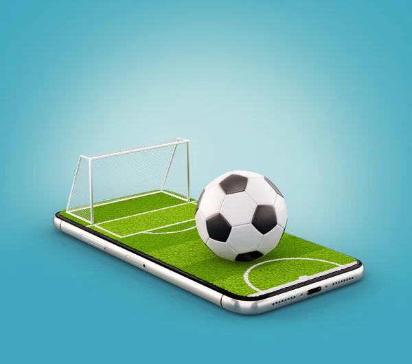 Illustrazione 3d insolita di un campo di calcio e un pallone da calcio su uno schermo di smartphone. Guardando calcio e scommesse concetto online — Foto Stock