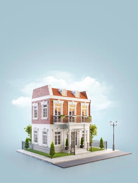 Ovanlig 3d illustration av ett vackert hus med — Stockfoto