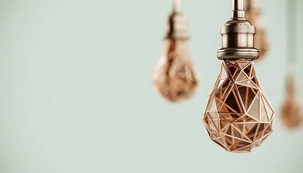 Unusual 3d illustration of hanging stylized low poly light bulbs with golden wire. Conceptual background. — Stock Photo, Image