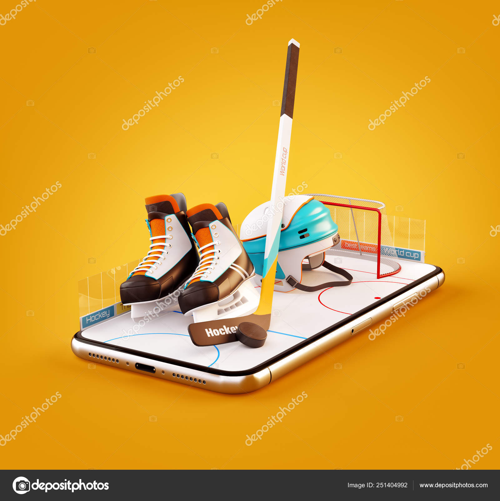 Unusual 3d illustration of hockey equipment on an ice rink on a smartphone screen