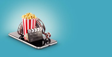 Smartphone Uygulama online satın alma ve sinema biletleri rezervasyon. Canlı film ve video izlemek. Patlamış mısır, sinema reel, tek kullanımlık Kupası, tokmağı ve smarthone bilet alışılmadık 3d çizimi