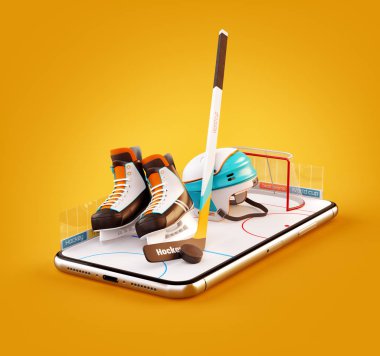 Bir smartphone ekranında bir buz pateni pisti hokey ekipman olağandışı 3d Illustration. Hokey izliyor ve online kavramı bahis.