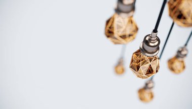 Stilize asılı düşük Poli ampuller altın tel ile olağandışı 3d Illustration. Kavramsal arka plan.