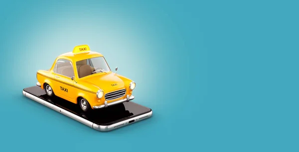 Aplicación de teléfono inteligente del servicio de taxi para la búsqueda en línea llamando y reservando un taxi. Ilustración 3D inusual de taxi en el teléfono inteligente . —  Fotos de Stock