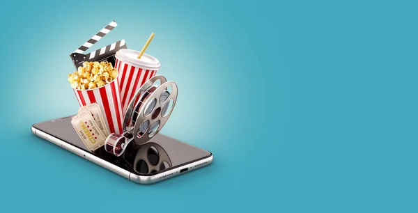 stock image Smartphone application for online buying and booking cinema tickets. Live watching movies and video. Unusual 3D illustration of popcorn, cinema reel, disposable cup, clapper and tickets on smarthone