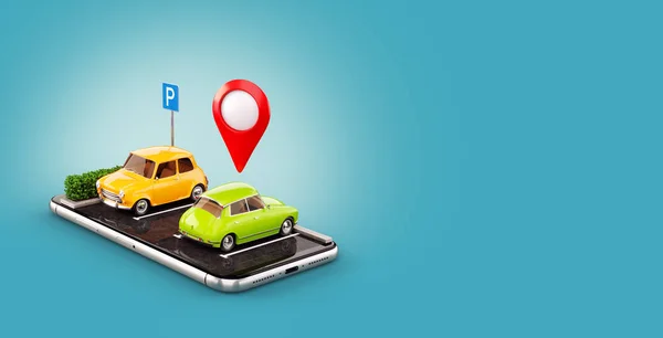 Ασυνήθιστη εφαρμογή smartphone os 3d απεικόνιση για την online αναζήτηση δωρεάν στάθμευση μέρος στο χάρτη. Χώρος στάθμευσης και συνεπιβίβαση έννοια — Φωτογραφία Αρχείου