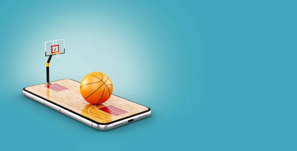 Szokatlan 3d illusztrációja egy kosárlabda labda, a bíróság a smartphone képernyő. Néz kosárlabda- és fogadási online koncepció — Stock Fotó
