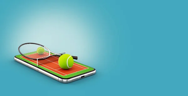 Nietypowe 3d ilustracja piłki i rakiety na sąd na ekranie smartfonu. Zakłady online koncepcji i oglądanie tenisa — Zdjęcie stockowe