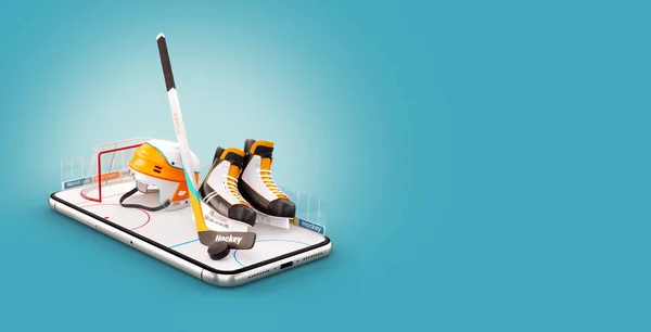 Ongewone 3d illustratie van hockey apparatuur op een ijsbaan op het scherm van een smartphone. Hockey kijken en weddenschappen online concept. — Stockfoto