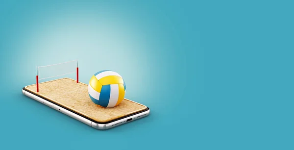 Ilustración inusual en 3D de una pelota de voleibol y en la cancha en la pantalla de un teléfono inteligente. Ver voleibol de playa y apostar concepto en línea —  Fotos de Stock
