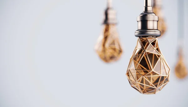 Ungewöhnliche 3D-Illustration von hängenden stilisierten Low-Poly-Glühbirnen mit goldenem Draht. konzeptioneller Hintergrund. — Stockfoto