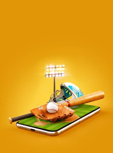 Unusual 3d illustration of a baseball stadium with bat, helmet, baseball glove and ball on a smartphone screen. Watching baseball and betting online concept.
