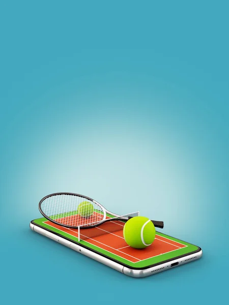Neobvyklé 3d ilustrace tenisák a raketa na kurtu na obrazovku smartphonu. Sledování tenisu a sázení online koncept — Stock fotografie