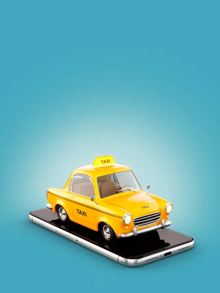 Aplicación de teléfono inteligente del servicio de taxi para la búsqueda en línea llamando y reservando un taxi. Ilustración 3D inusual de taxi en el teléfono inteligente . — Foto de Stock