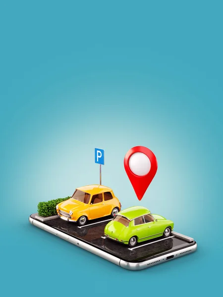 不寻常的3d 插图 os 智能手机在线搜索地图上免费停车地点的应用程序。停车场和汽车共享概念 — 图库照片