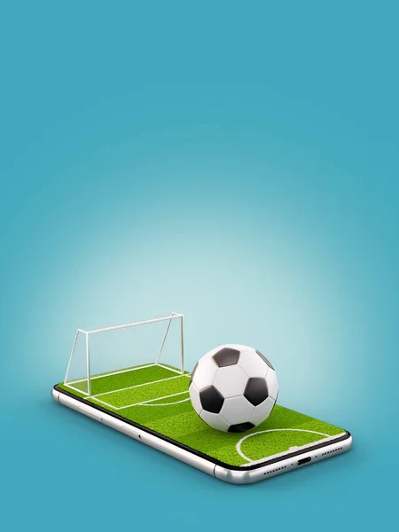 Необычная 3D иллюстрация футбольного поля и футбольного мяча на экране смартфона. Просмотр концепции футбола и ставок онлайн — стоковое фото