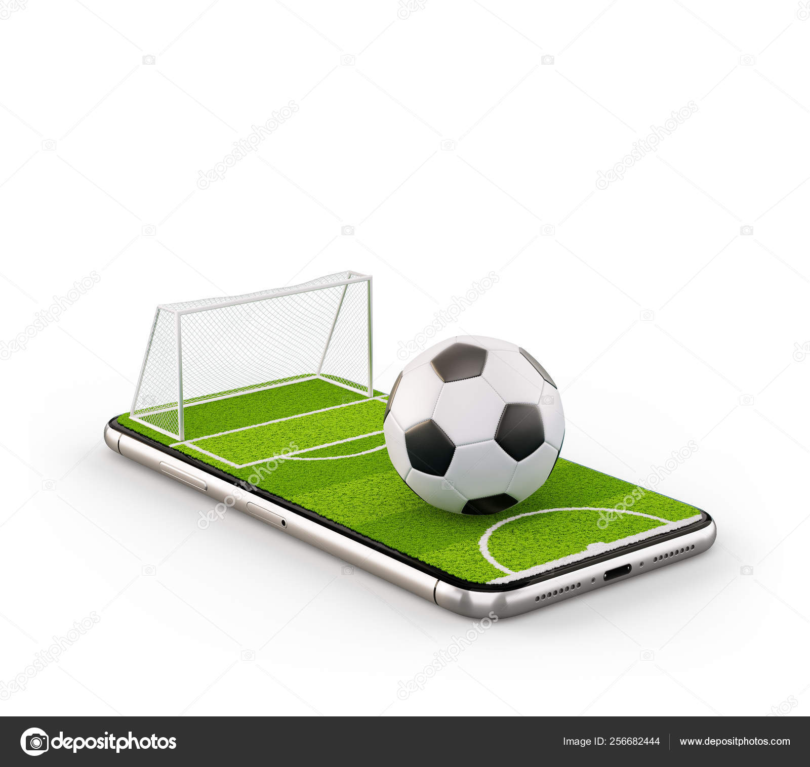 Futebol online. telefone móvel com bola de futebol de futebol e campo na  tela.
