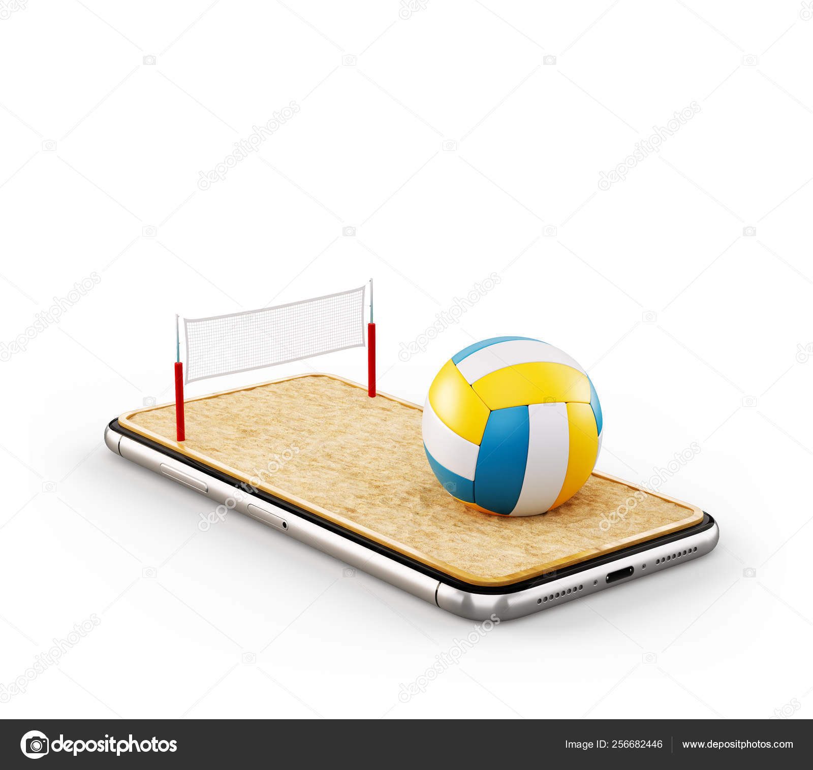 Unusual 3d illustration of a volleyball ball and on court on a smartphone screen
