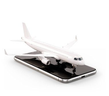 Çevrimiçi arama için Smartphone Uygulama, Internet üzerinde satın alma ve rezervasyon uçuşlar. Online check-in olağandışı ticari uçak akıllı telefon üzerinde 3d çizimi