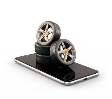 Araba lastikleri bir smartphone ekranda sıradışı 3d Illustration. Lastik boyutu hesap makinesi. Seçme ve lastikleri online kavramı satın alma.
