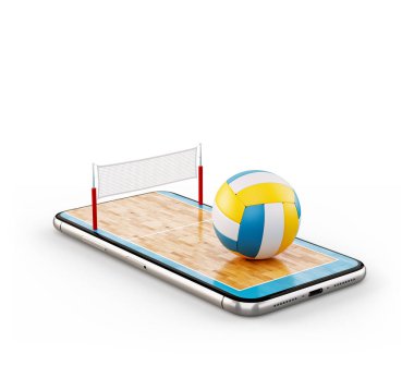 Olağandışı 3d resimde bir voleybol topu ve mahkeme bir smartphone ekranında. Voleybol izliyor ve online kavramı bahis