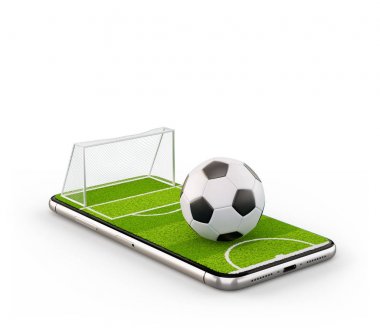 Futbol sahası ve futbol topu bir smartphone ekranda sıradışı 3d çizimi. Futbol izlerken ve online kavramı bahis