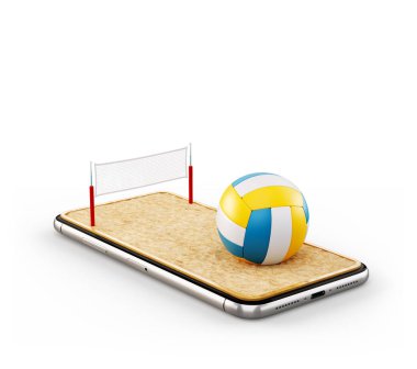 Olağandışı 3d resimde bir voleybol topu ve mahkeme bir smartphone ekranında. Plaj voleybolu izliyor ve online kavramı bahis