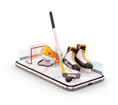 Bir smartphone ekranında bir buz pateni pisti hokey ekipman olağandışı 3d Illustration. Hokey izliyor ve online kavramı bahis.