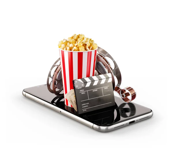 Aplicación de Smartphone para comprar y reservar entradas de cine en línea. En vivo viendo películas y videos. Ilustración 3D inusual de palomitas de maíz, carrete de cine, taza desechable, aplausos y entradas en smarthone —  Fotos de Stock