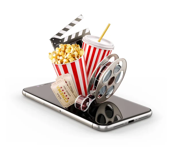 Smartphone aplikacji online zakup i rezerwacja biletów do kina. Na żywo, oglądanie filmów i wideo. Nietypowe 3d ilustracja popcorn, kino bębnowa, kubek jednorazowy, klapy i bilety na smarthone — Zdjęcie stockowe