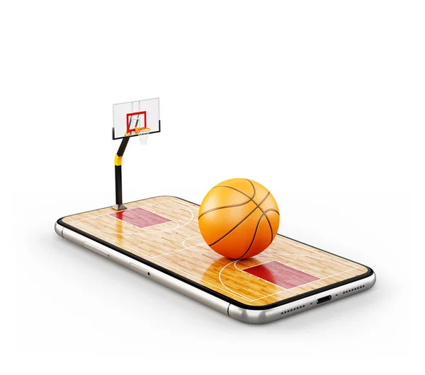 Ovanlig 3d illustration av en basket boll på domstolen på en smartphone-skärm. Titta på basket och betting online koncept — Stockfoto