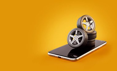 Araba lastikleri bir smartphone ekranda sıradışı 3d Illustration. Lastik boyutu hesap makinesi. Seçme ve lastikleri online kavramı satın alma.