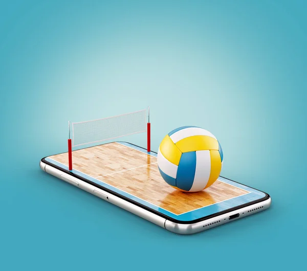 Unusual 3d illustration of a volleyball ball and on court on a smartphone screen. Watching volleyball and betting online concept — Stock Photo, Image