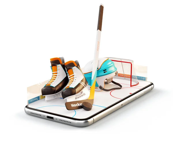 Unusual 3d illustration of hockey equipment on an ice rink on a smartphone screen. Watching hockey and betting online concept. — Stock Photo, Image