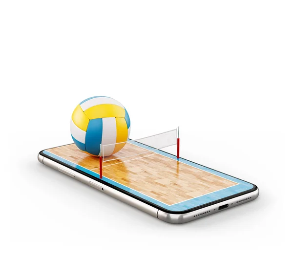 Unusual 3d illustration of a volleyball ball and on court on a smartphone screen. Watching volleyball and betting online concept — Stock Photo, Image