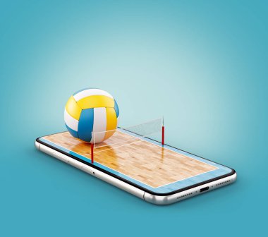 Olağandışı 3d resimde bir voleybol topu ve mahkeme bir smartphone ekranında. Voleybol izliyor ve online kavramı bahis