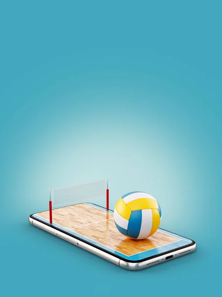 Unusual 3d illustration of a volleyball ball and on court on a smartphone screen. Watching volleyball and betting online concept — Stock Photo, Image