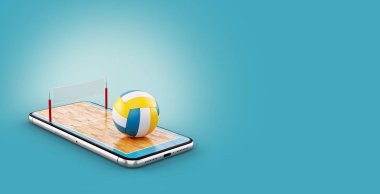 Olağandışı 3d resimde bir voleybol topu ve mahkeme bir smartphone ekranında. Voleybol izliyor ve online kavramı bahis