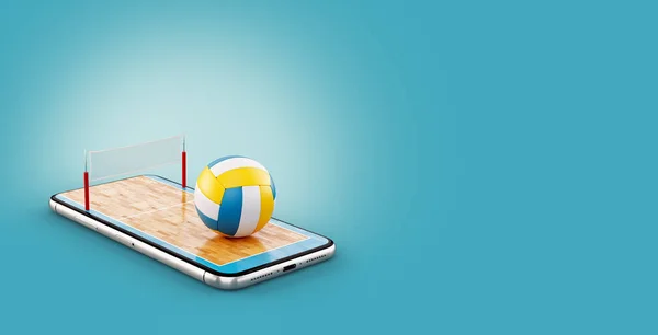 Illustrazione 3d insolita di una pallavolo e su campo su uno schermo di smartphone. Guardare pallavolo e scommesse online concetto — Foto Stock