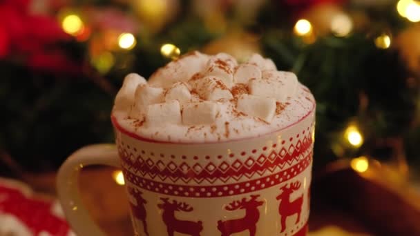 Close-up of a Christmas mug with cocoa with marshmallows and cinnamon — Stock Video