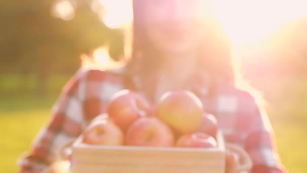 Молодая размытая женщина в повседневной одежде держит деревянный ящик с яблоками — стоковое видео