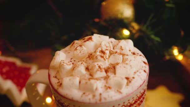 Gros plan d'une tasse de Noël au cacao avec guimauves et cannelle — Video