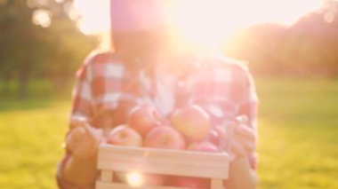 Rahat giyim genç ince bulanık kadın ahşap bir sandık verir